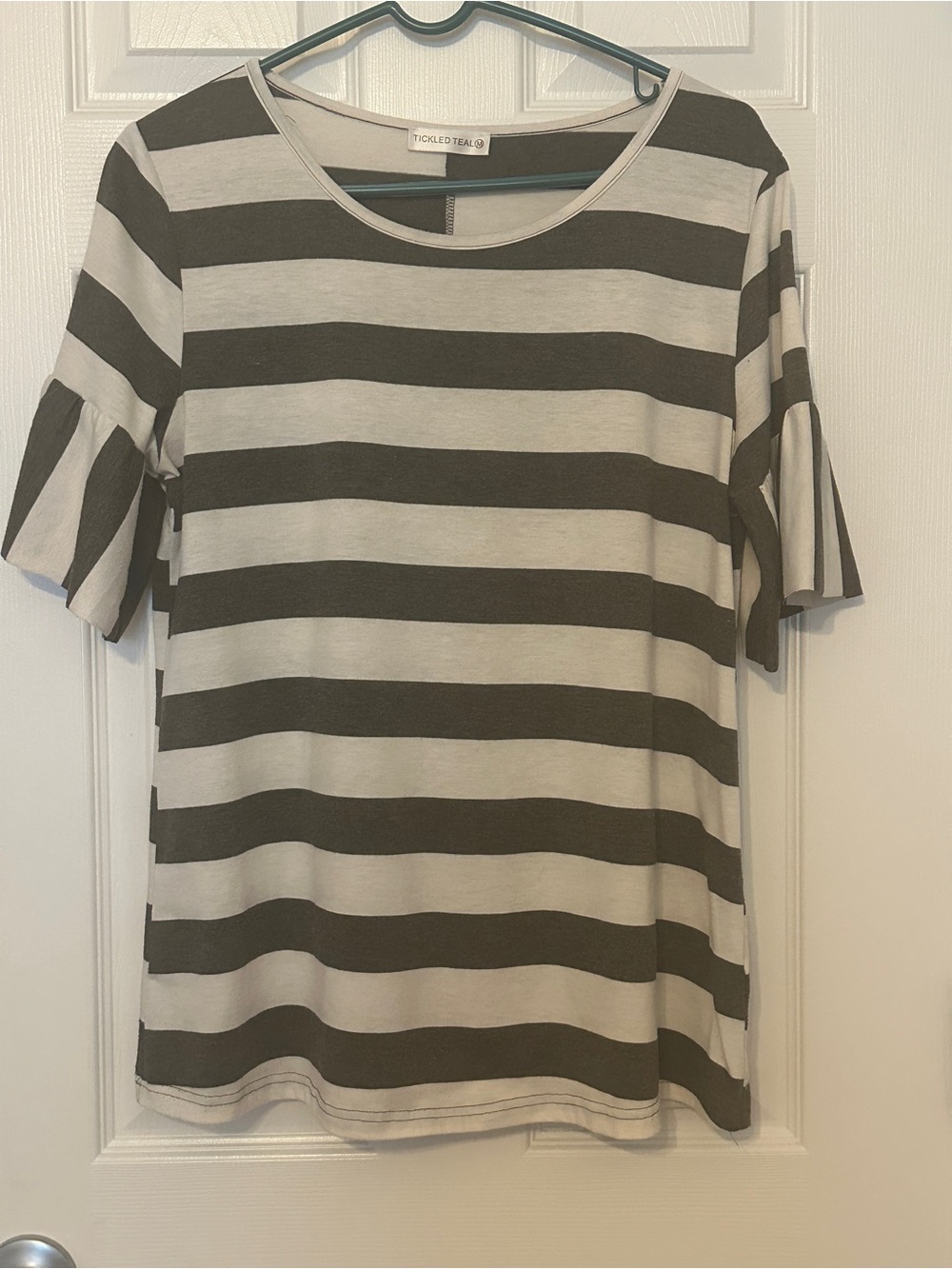 Tickled Teal Black and Cream Striped Ruffle Sleeve Tee
